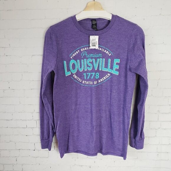Louisville Tourist Baseball Tee Size Womens S Purple Logo Spell Out NEW - Picture 1 of 5